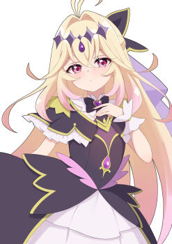 Rule 34 | 1girl, absurdres, astroglia cyte, black bow, black bowtie, black capelet, black necktie, blonde hair, blush, bow, bowtie, braid, capelet, closed mouth, commentary request, cowboy shot, cure arcana shadow, dress, forehead jewel, frilled capelet, frills, gold trim, hair between eyes, hairband, half up braid, heart-shaped gem, highres, layered dress, long hair, looking at viewer, magical girl, meitantei precure!, moria luluka, necktie, pink eyes, pink hairband, precure, purple veil, simple background, solo, upper body, v, veil, wrist wrap