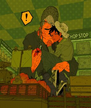 ! 2boys black_lips carrying carrying_person commentary_request donquixote_rocinante english_text facepaint from_below green_theme highres hood hoodie jurokutya male_focus multiple_boys multiple_scars one_piece scar shoes sneakers speech_bubble supermarket tomato trafalgar_law worm