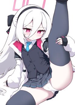 1girl black_hairband black_thighhighs blue_archive blue_necktie cameltoe closed_mouth hair_between_eyes hairband halo highres jacket kei_(blue_archive) kei_(student)_(blue_archive) kurosaki_kousuke leg_up loli long_hair necktie panties pink_eyes pink_halo rectangular_halo shirt simple_background skirt solo thighhighs underwear white_background white_hair white_panties