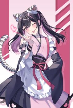 Rule 34 | 1boy, animal ears, biji cm, blush, bracelet, cho kaguya-hime!, commentary request, crossdressing, crossdressing (mtf), detached sleeves, hand on own hip, hand up, head tilt, heart, highres, horns, jewelry, komazawa noi, korean commentary, long sleeves, looking at viewer, male focus, multicolored hair, one eye closed, open mouth, solo, tail, twintails