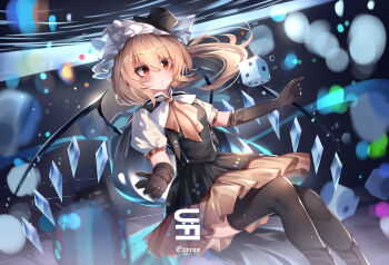 1girl absurdres alternate_costume alternate_headwear artist_name black_gloves black_hat black_pantyhose black_vest blonde_hair blush boots closed_mouth commentary crystal crystal_wings dice flandre_scarlet gloves hat highres maimai_(game) one_side_up orange_skirt pantyhose puffy_short_sleeves puffy_sleeves red_eyes short_sleeves skirt solo top-exerou top_hat touhou vest wings