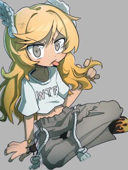 1girl absurdres blonde_hair character_request charm_(object) closed_mouth commentary commission copyright_request cropped_shirt english_commentary grey_background grey_eyes grey_pants highres long_hair looking_at_viewer navel pants playing_with_own_hair saghaley shirt short_sleeves simple_background sitting solo sweatpants t-shirt tongue tongue_out white_shirt