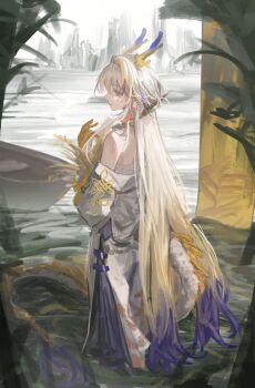 1girl absurdres arknights bare_shoulders blonde_hair blue_dress blue_hair blue_horns blue_tail boat chinese_clothes chinese_knot choppy_bangs colored_extremities colored_skin colored_tips dress eastern_dragon_horns eastern_dragon_tail eyeliner from_behind full_body grey_eyes hair_branch hair_intakes hair_ornament hair_stick highres holding holding_plant horns jacket kotowaza long_hair long_sidelocks long_sleeves looking_to_the_side makeup mountain mountainous_horizon multicolored_hair multicolored_horns multicolored_tail off_shoulder outdoors parted_lips plant pointy_ears red_eyeliner red_pupils red_ribbon ribbon ribbon_earrings shu_(arknights) sidelocks sketch_background sky sleeveless sleeveless_dress solo standing strapless strapless_dress streaked_hair tail tree two-tone_dress two-tone_horns very_long_hair water watercraft white_dress white_hair white_jacket white_sky white_tail yellow_horns yellow_skin yellow_tail