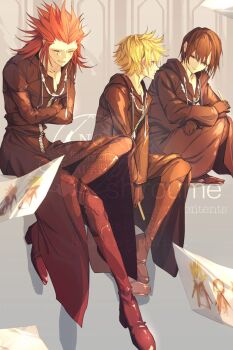 Rule 34 | 1girl, 2boys, axel (kingdom hearts), black boots, black hair, black pants, black robe, blonde hair, boots, closed eyes, commentary request, crossed arms, drawing (object), facial mark, full body, hair between eyes, hair slicked back, highres, hood, hood down, hooded robe, kingdom hearts, kingdom hearts 358/2 days, laughing, looking at another, multiple boys, pants, parted lips, red hair, robe, roxas, short hair, sideburns, spiked hair, srum su28, xion (kingdom hearts)