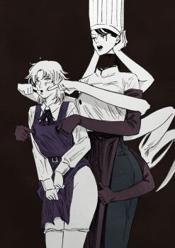 2girls absurdres anal_fingering blood bloody_tears breasts chainsaw_man cheek_poking chef_hat closed_eyes disembodied_head elbow_gloves extra_arms falling_devil_(chainsaw_man) fami_(chainsaw_man) fingering flat_top_chef_hat fourth_east_high_school_uniform gloves hat highres holding_detached_head kanchou large_breasts multiple_girls nipple_stimulation nipple_tweak nipple_tweak_through_clothes panties panty_pull poking school_uniform senaka_look tears underwear yellow_eyes yuri