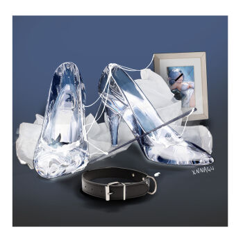 1girl artist_name bdsm blindfold blue_footwear blue_hair border bound breasts censored censored_identity collar covered_eyes dress gradient_background high_heels highres large_breasts official_alternate_costume photo_(object) picture_frame restrained shoes short_hair solo wedding_dress xnnagu