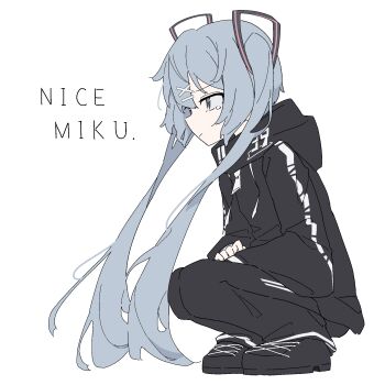 1girl black_hoodie black_shoes blue_eyes blue_hair commentary_request crying crying_with_eyes_open giryu hair_ornament hatsune_miku highres hood hoodie shoes solo squatting tears twintails vocaloid x_hair_ornament