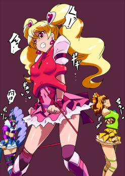 3girls aono_miki bdsm blonde_hair blue_bow blue_dress bondage bound bow clenched_teeth closed_eyes closed_mouth cure_berry cure_peach cure_pine dress fresh_precure! momozono_love multiple_girls orange_bow orange_hair pink_dress precure purple_background purple_hair red_bow tagme teeth warabimochi yamabuki_inori yellow_dress