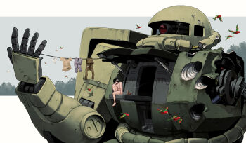 1girl absurdres bandage_over_one_eye bandaged_head bandages battle_damage bird black_hair border breasts brown_jacket brown_shirt bullet_hole cigarette clothesline cockpit collarbone commentary completely_nude crack cracked_glass feet grey_pants gundam highres holding holding_cigarette jacket large_breasts laundry letterboxed mobile_suit_gundam nipples nishikino_kee nude outside_border panties pants parrot shirt sitting solo toes tree underwear unworn_jacket unworn_panties unworn_pants unworn_shirt white_border white_panties zaku_ii