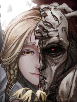 1boy bald blonde_hair blood blood_on_face braid bug butterfly clenched_teeth dark_persona dual_persona elden_ring flower highres insect long_hair miquella_(elden_ring) monster monster_boy red_eyes satsu-strive side_braid split_screen split_theme teeth