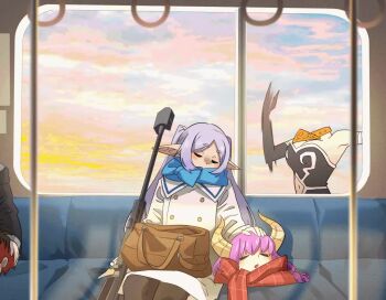 1boy 3girls animated anti-materiel_rifle aura_(sousou_no_frieren) aura_bullying_(meme) bag bare_shoulders black_gloves blue_scarf bouncing_breasts breasts brown_bag cleavage closed_eyes cloud coat decapitation demon_horns elbow_gloves elf evening fern_(sousou_no_frieren) frieren gloves gun horns humiliation khyle. large_breasts long_hair meme motion_lines multiple_girls muzzle_device navel pink_hair plaid_clothes plaid_scarf pointy_ears red_scarf rifle running scarf sitting sky sleeping sniper_rifle sousou_no_frieren stark_(sousou_no_frieren) tagme train_interior twintails video weapon white_coat yellow_horns
