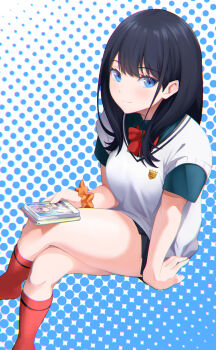 Rule 34 | 1girl, aqua shirt, black hair, black skirt, blue background, blue eyes, blush, bow, bowtie, character print, closed mouth, collared shirt, commentary request, crossed legs, dress shirt, eyelashes, feet out of frame, gridman universe, hair behind ear, hair between eyes, highres, holding, holding phone, invisible chair, jjaga236, kneehighs, long hair, looking at viewer, miniskirt, no shoes, orange scrunchie, phone, pleated skirt, polka dot, polka dot background, red bow, red bowtie, red socks, school uniform, scrunchie, shinjou akane, shirt, short sleeves, simple background, sitting, skirt, smile, socks, solo, split mouth, ssss.gridman, straight hair, sweater vest, takarada rikka, thighs, tsurime, two-tone background, white background, white sweater vest, wrist scrunchie