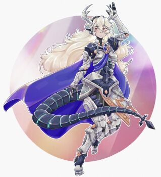 1girl android armor armored_leotard black_hairband black_leggings blue_cape blush breasts cape closed_mouth dragon_girl dragon_horns female_corrin_(fate_dragon)_(fire_emblem) female_corrin_(fire_emblem) fire_emblem fire_emblem_fates fire_emblem_shadows gloves grey_hair hair_between_eyes hairband highres horns leggings leotard long_hair mechanical_arms mechanical_hands mechanical_legs mechanical_tail nintendo occultoctoling red_eyes robot robot_girl small_breasts smile solo tail very_long_hair