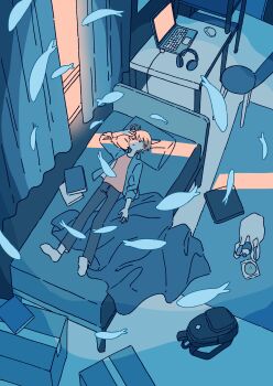 1boy absurdres ahoge arm_at_side arm_up backpack bag bed blanket book brown_hair commentary_request computer crack_of_light curtains fish flying_fish full_body head_on_pillow headphones highres indoors laptop long_sleeves lying male_focus mitsuki_sanagi no_shoes on_back on_bed open_clothes open_shirt original pants pile_of_books pillow short_hair socks unworn_headphones very_short_hair window