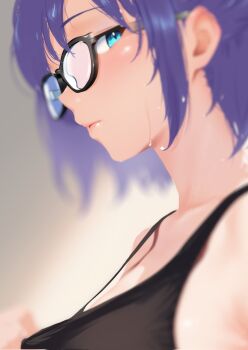 1girl a-chan_(hololive) black-framed_eyewear black_tank_top blue_eyes blue_hair blurry cohi27151463 commentary glasses hashtag-only_commentary highres hololive lips looking_at_viewer looking_to_the_side short_hair sidelocks sideways_glance simple_background solo sweat symbol-only_commentary tank_top upper_body virtual_youtuber
