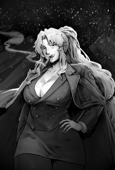 1girl absurdres balalaika_(black_lagoon) black_lagoon breasts burn_scar cigar formal_clothes highres jacket jacket_on_shoulders large_breasts long_hair looking_at_viewer miss_faves monochrome pantyhose ponytail scar scar_across_eye scar_on_breasts scar_on_face skirt smile smoke smoking solo star_(sky) suit
