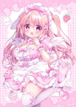 1girl animal_ears apron blunt_bangs blush blush_stickers bow breasts brown_hair chiika_(cure_cherish) choker cleavage cream cuffs dress fake_animal_ears feet_out_of_frame food frilled_apron frilled_dress frilled_skirt frilled_sleeves frilled_thighhighs frills fruit full_body hair_between_eyes hair_bow hair_ornament highres jewelry large_breasts lolita_fashion long_hair looking_at_viewer macaron magical_girl maid maid_apron maid_headdress mini_wings open_mouth original pink_background pink_bow pink_eyes pink_hair pink_ribbon pink_shoes plaid_background plaid_clothes plaid_dress plaid_skirt puffy_short_sleeves puffy_sleeves rabbit rabbit_ears rabbit_girl rabbit_hair_ornament ribbon shirt shoes short_sleeves sidelocks simple_background skirt sleeve_cuffs smile solo standing strapless strapless_dress strawberry thighhighs tia_(chiika_cure_cherish) too_many_bows twintails two_side_up uwabaki waist_apron whipped_cream white_apron white_wings white_wrist_cuffs wings wrist_cuffs yume_kawaii