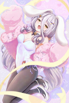 Rule 34 | 1girl, akomaruillust, animal ears, breasts, carrot, cube, grey hair, hair between eyes, hair ornament, henya the genius, henya the genius (bunniversary), high heels, highres, indie virtual youtuber, leotard, looking at viewer, open mouth, playboy bunny, purple leotard, purple ribbon, rabbit ears, ribbon, twintails, virtual youtuber, yellow eyes