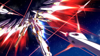 beam_rifle bit_(gundam) cal-re.a commentary_request energy_gun energy_wings funnels_(gundam) gun gundam gundam_seed gundam_seed_freedom highres holding holding_gun holding_weapon mecha mechanical_wings mobile_suit no_humans robot science_fiction solo soma_0x00 space thrusters v-fin weapon wings