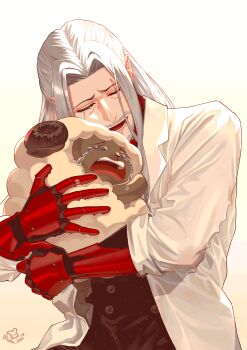 Rule 34 | 1boy, absurdres, beard, celiakua, closed eyes, comfydant (fulgur ovid), crying, cyborg, facial hair, facial mark, fulgur ovid, fulgur ovid (3rd costume), highres, hug, lab coat, long hair, nijisanji, nijisanji en, sheep, sobbing, twitter username, virtual youtuber, white hair