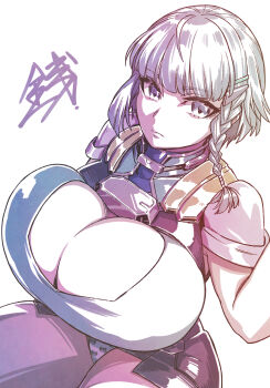 1girl armor arms_under_breasts blue_eyes blue_gloves blue_shirt blunt_bangs braid breasts cleavage cleavage_cutout closed_mouth clothing_cutout gloves grey_hair hair_ornament hairclip highres huge_breasts kanenomori_sentarou large_breasts looking_at_viewer panties seolla_schweizer shirt short_hair shoulder_armor side_braid simple_background single_braid sitting skirt solo super_robot_wars super_robot_wars_original_generation thighs underwear white_background