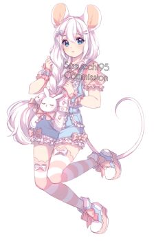 Rule 34 | 1girl, animal ears, artist name, blue bodysuit, blue bow, blue eyes, blue shoes, blush, bodysuit, bow, bow legwear, braid, braided ponytail, buttons, center frills, commentary, commission, double-parted bangs, english commentary, flat chest, footwear bow, frilled bodysuit, frilled sleeves, frilled wrist cuffs, frills, full body, hair between eyes, hair bow, hair ornament, hands up, highres, horizontal-striped thighhighs, knees together feet apart, long hair, looking at viewer, mouse ears, mouse girl, mouse tail, original, parted lips, pink bow, pink thighhighs, platform shoes, pocket, puffy short sleeves, puffy sleeves, rabbit hair ornament, sasucchi95, see-through clothes, see-through sleeves, shoes, short sleeves, simple background, single braid, solo, standing, standing on one leg, tail, thighhighs, two-tone thighhighs, very long hair, watermark, white background, white bow, white hair, white tail, white thighhighs, wrist cuffs