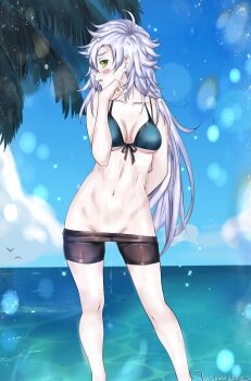 absurdres artist_name bike_shorts bikini blush breasts coconut_tree commentary eiyuu_densetsu english_commentary falcom fie_claussell front-tie_bikini_top front-tie_top green_eyes highres long_hair looking_at_viewer navel ocean outdoors palm_tree sen_no_kiseki sen_no_kiseki_(series) sen_no_kiseki_i sen_no_kiseki_iii shorts small_breasts swimsuit tree vanillahare wet wet_clothes wet_lens white_hair