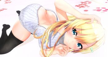 1girl 3d absurdres ass backless_outfit black_thighhighs blonde_hair blue_eyes blush butt_crack highres long_hair makinon_p21 original smile solo thighhighs thighs virgin_killer_sweater