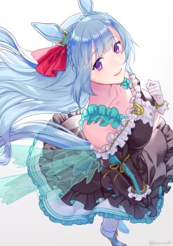 1girl akatsuki_(kuon) animal_ears asymmetrical_gloves asymmetrical_sleeves bare_shoulders black_dress black_gloves blue_hair blush bow braid breasts center_frills closed_mouth collarbone commentary_request crown_braid dress ear_ornament ear_ribbon frills from_above gloves horse_ears horse_girl horse_tail large_breasts long_hair looking_at_viewer mejiro_ardan_(clinochlore_line)_(umamusume) mejiro_ardan_(umamusume) mismatched_gloves off-shoulder_dress off_shoulder purple_eyes shoes simple_background smile solo tail umamusume uneven_sleeves white_background white_gloves