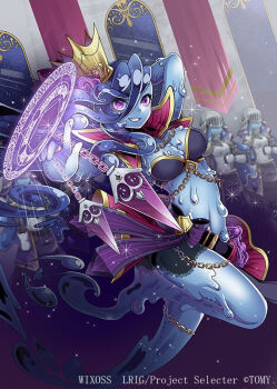 1girl black_shorts blue_eyes blue_hair blue_skin breasts cleavage closed_mouth colored_skin copyright_notice crown hair_between_eyes holding holding_polearm holding_weapon kei_s01 lance looking_at_viewer magic_circle medium_breasts medium_hair monster_girl official_art polearm purple_eyes shorts slime_girl slime_queen_(wixoss) smile solo weapon wixoss