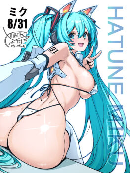1girl animal_ears aqua_eyes aqua_hair ass bare_shoulders blush breasts cat_ears detached_sleeves from_behind hair_between_eyes hair_ornament hatsune_miku headset long_hair looking_at_viewer looking_back number_tattoo open_mouth revealing_clothes sideboob sitting smile solo takada_kazuhiro tattoo thighhighs thong twintails v very_long_hair vocaloid white_thighhighs