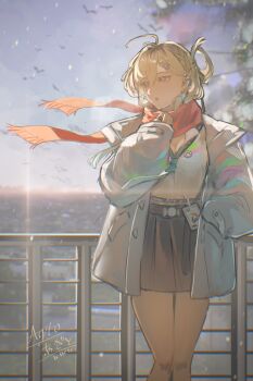 1girl absurdres agito_(agitoishere) aqua_necktie black_skirt blonde_hair braid braided_bangs breasts breath cleavage commentary_request earrings hair_between_eyes hair_ornament hand_in_pocket hand_up highres jacket jewelry looking_to_the_side lynae_(wuthering_waves) medium_breasts necktie outdoors purple_eyes red_scarf scarf shirt signature skirt skull_hair_ornament solo star_(symbol) star_earrings white_jacket white_shirt wind wuthering_waves