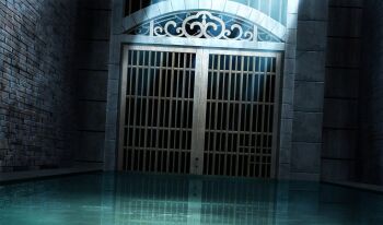 Rule 34 | brick wall, gate, hariken, hashtag-only commentary, highres, light rays, no humans, original, reflection, reflective liquid, river, scenery, water