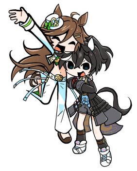 2girls ahoge animal_ears arm_up black_coat black_gloves black_hair black_jacket black_shorts black_socks blue_shirt blush breasts brown_hair closed_eyes coat commentary_request commission cropped_jacket deformed ear_covers gloves green_shirt hair_between_eyes hair_ornament hairclip hat horse_ears horse_girl horse_tail jacket katsuragi_ace_(dragon_rising_to_the_top)_(umamusume) katsuragi_ace_(umamusume) korean_commentary long_hair long_sleeves looking_at_viewer midriff mini_hat mini_top_hat mr._c.b._(clear_bliss)_(umamusume) mr._c.b._(umamusume) multicolored_hair multiple_girls navel nooctadesu open_mouth pants ponytail shirt shorts simple_background single_sleeve smile socks stomach strapless strapless_shirt streaked_hair tail top_hat two-tone_gloves umamusume white_background white_hair white_jacket white_pants