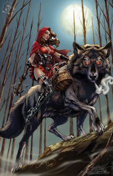 1girl bare_tree black_boots black_gloves boots bow_(weapon) breasts cape cardigan cleavage crossbow full_moon gloves high_heel_boots high_heels highres holding holding_crossbow holding_weapon hood hooded_cardigan j._scott_campbell little_red_riding_hood_(fairy_tale) little_red_riding_hood_(fairy_tale_character) looking_at_viewer medium_breasts moon night outdoors red_cape red_hood signature solo thigh_boots tree weapon wolf