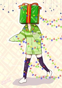 1boy artist_name black_thighhighs christmas_lights commentary_request dated full_body gift green_jacket highres hogerarara jacket male_focus otori_tan seitokai_ni_mo_ana_wa_aru! shoes sleeves_past_wrists solo thighhighs twitter_username walking white_shoes yellow_background