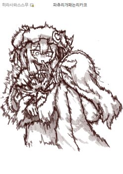 Rule 34 | 2girls, absurdres, asakura rikako, coat, commentary, crescent, crescent hat ornament, dress, greyscale, hat, hat ornament, highres, korean commentary, korean text, long hair, long sleeves, mob cap, monochrome, multiple girls, patchouli knowledge, punching, rampa93, touhou, touhou (pc-98), translation request