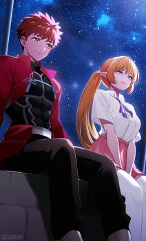 1boy 1girl absurdres archer_(fate) ascot blonde_hair blue_eyes blunt_bangs blush breasts crossover dungeon_ni_deai_wo_motomeru_no_wa_machigatteiru_darou_ka elf emiya_shirou fate/stay_night fate_(series) hand_rest highres lefiya_viridis long_hair long_sleeves look-alike looking_up magic_circuit moonlight multiple_crossover night night_sky open_mouth orange_hair outdoors pink_skirt pointy_ears purple_ascot rayish red_hair ribbon shoulder_blush shroud_of_martin sitting skirt sky smile staff star_(sky) starry_sky sweater_guard sword_oratoria trait_connection yellow_eyes