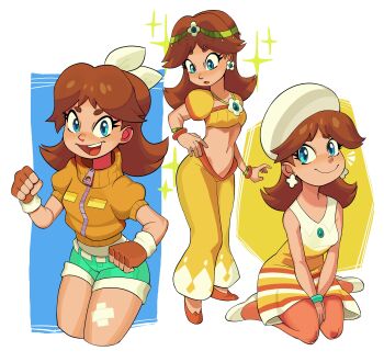 Rule 34 | 1girl, absurdres, arabian clothes, bandaid, bandaid on leg, blue eyes, bow, bracelet, brown hair, circlet, commentary, crop top, cropped jacket, crossed bandaids, dress, earrings, english commentary, fattcactus, fingerless gloves, flipped hair, flower, flower earrings, flower necklace, gloves, hair bow, hands up, harem pants, hat, highres, jacket, jewelry, long hair, looking at viewer, looking down, mario (series), mario kart, mario kart world, midriff, multiple views, navel, necklace, nintendo, notice lines, official alternate costume, open mouth, orange jacket, pants, pantyhose, princess daisy, princess daisy (oasis), princess daisy (touring), princess daisy (vacation), puffy short sleeves, puffy sleeves, short sleeves, shorts, sitting, sleeveless, smile, sparkle, sparkling aura, standing, wariza, white hat, yellow pants