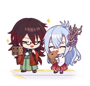 Rule 34 | 1boy, 1girl, commentary request, cyu6712, dice, gradient hair, green robe, hair between eyes, holding, holding dice, japanese clothes, kaguya (rune factory), kurama (rune factory), long hair, multicolored hair, open clothes, open mouth, red hair, robe, rune factory, rune factory: guardians of azuma, wide sleeves