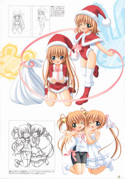 2girls absurdres bike_shorts blue_eyes blush christmas dress feet gift green_eyes hat highres leotard loli long_hair multiple_girls nanami_to_konomi_no_oshiete_abc nishimura_konomi nishimura_nanami one_eye_closed ribbon sack santa_costume santa_hat short_hair short_twintails siblings sin-go sisters sketch smile socks thighhighs translated twins twintails very_long_hair white_legwear wink