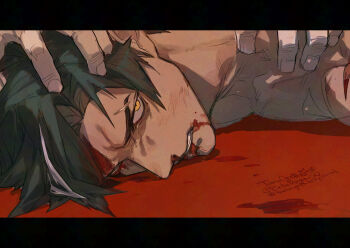 1boy 1other blood blood_from_mouth blood_on_face bluesky_username commentary_request forbartz_xylo hand_on_another's_head highres injury male_focus ogata_tomio sanpaku solo_focus topless_male twitter_username yellow_eyes yuushakei_ni_shosu