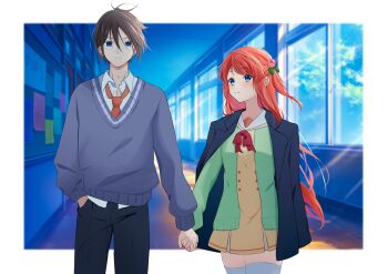 1boy 1girl absurdres black_hair black_pants blue_eyes blush bow bowtie brown_hair cardigan classroom collared_shirt commentary_request couple cowboy_shot dress flower grey_sweater hair_between_eyes hair_flower hair_ornament hallway hand_in_pocket hetero highres holding_hands indoors jacket jacket_on_shoulders long_hair long_sleeves necktie orange_hair orange_necktie pants pink_hair rain_re_a re:zero_kara_hajimeru_isekai_seikatsu red_bow red_bowtie red_necktie red_ribbon ribbon sailor_collar school school_uniform shirt short_dress short_hair sweater theresia_van_astrea thighhighs white_sailor_collar white_shirt wilhelm_(re:zero) window zettai_ryouiki