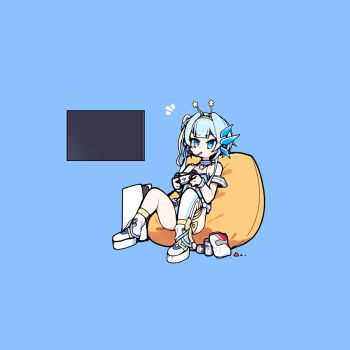 1girl blue_eyes blue_hair controller cross_(vgne4542) cushion game_controller gamepad highres jelly_hoshiumi phase_connect ribbon simple_background sitting virtual_youtuber
