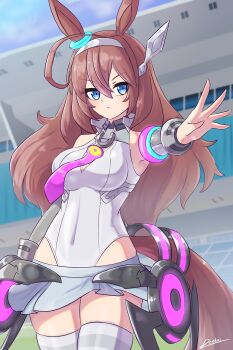 >:) 1girl absurdres ahoge animal_ears bare_shoulders blue_eyes breasts brown_hair closed_mouth covered_navel cowboy_shot denkouseka_akaiken detached_sleeves grey_skirt grey_sleeves hairband highres horse_ears horse_girl horse_racing_track horse_tail leotard long_hair looking_at_viewer lowleg lowleg_skirt medium_breasts metal_hairband microskirt mihono_bourbon_(mb-19890425)_(umamusume) mihono_bourbon_(umamusume) necktie outdoors pink_necktie racetrack skirt sleeveless solo strapless strapless_leotard tail thighhighs umamusume v-shaped_eyebrows white_leotard white_thighhighs
