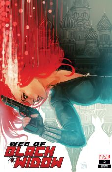 1girl absurdres aqua_eyes avengers_(series) black_bodysuit black_gloves black_widow black_widow_(spider) bodysuit bug character_name comic_cover company_name cover cover_page english_text fingerless_gloves gloves gun handgun highres holding holding_gun holding_weapon kremlin long_hair looking_at_viewer looking_to_the_side marvel natasha_romanoff official_art parted_lips profile red_hair solo spider stephanie_hans upper_body weapon