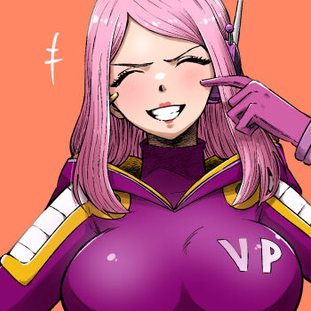 1girl anti-eyebrow_piercing blush bodysuit breasts commentary ear_piercing face_piercing gloves grin i_sora_jtr jewelry_bonney large_breasts long_hair one_piece orange_background piercing pink_eyes pink_hair purple_bodysuit purple_gloves red_lips simple_background smile solo teeth