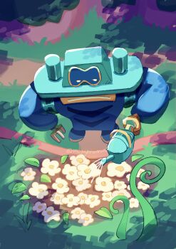 1boy black_eyes commentary_request flower from_above grass highres holding holding_watering_can leaf mario_&amp;_luigi:_brothership mario_&amp;_luigi_rpg mario_(series) monyorun nintendo no_humans outdoors shun_(mario) solo standing watering_can yellow_flower yellow_pupils