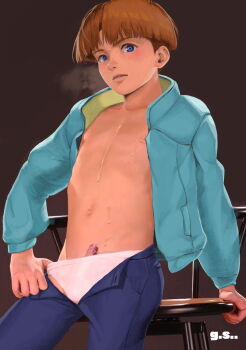 1boy blue_eyes brown_hair gachi_shotacon gundam highres jacket male_focus nipples open_clothes open_jacket pants penis shota solo undercut underwear uso_evin uso_ewin victory_gundam