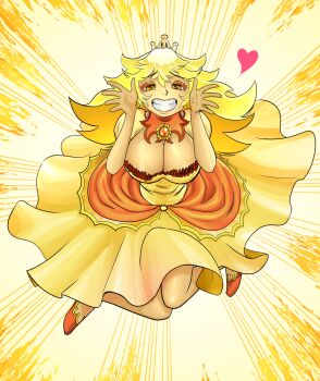 1girl angry_sun blonde_hair blush breasts brooch cleavage clip_studio_paint_(medium) commentary dress english_commentary eyeliner frilled_dress frills grin hands_up happy heart highres humanization jewelry jumping large_breasts looking_at_viewer makeup mario_(series) multicolored_dress new_super_mario_bros._u_deluxe nintendo orange_background orange_eyeliner orange_lips orange_shoes personification princess_angry_sun puffy_sleeves shoes smile spoken_heart super_crown tony_kuusisto yellow_eyes